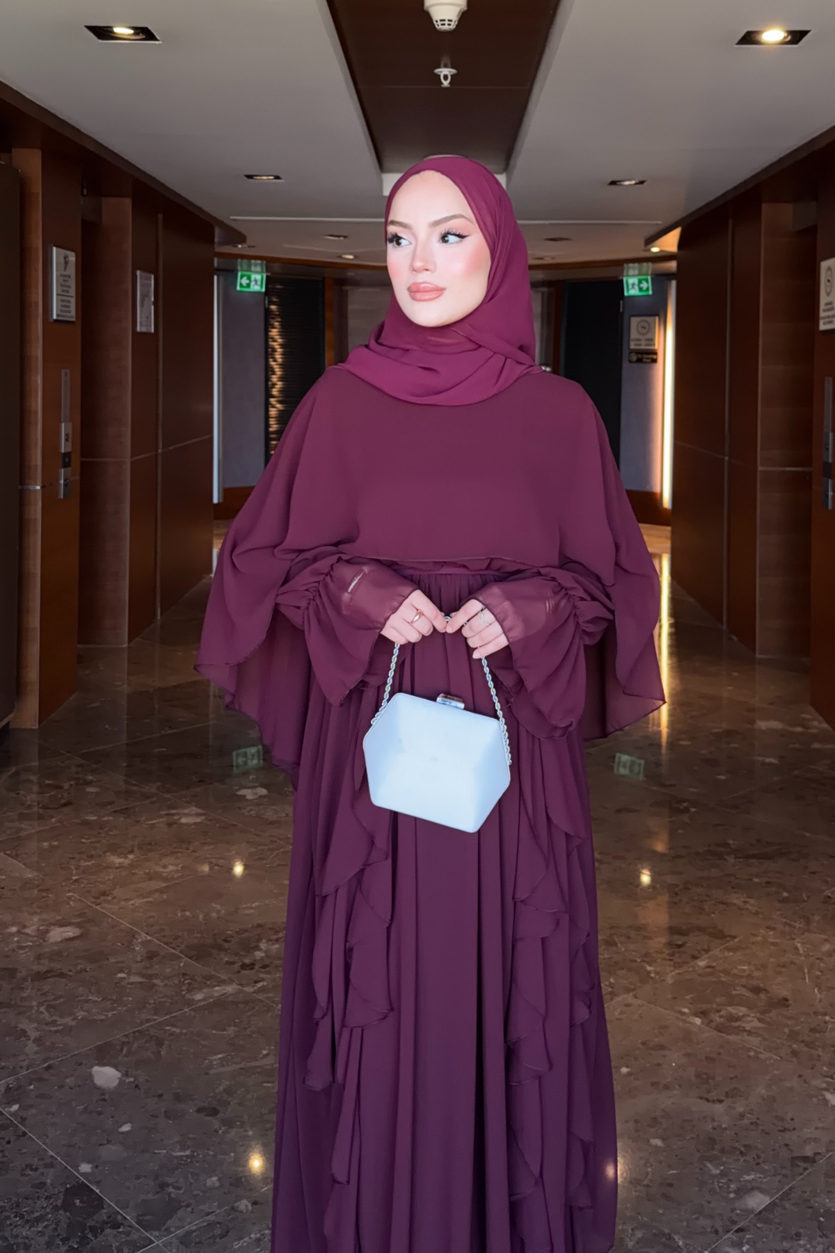 Flowy Chiffon Ruffle Maxi Dress with Belt & Cape Sleeves — Murdum