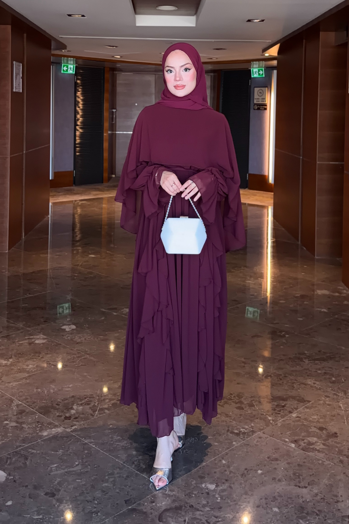 Flowy Chiffon Ruffle Maxi Dress with Belt & Cape Sleeves — Murdum