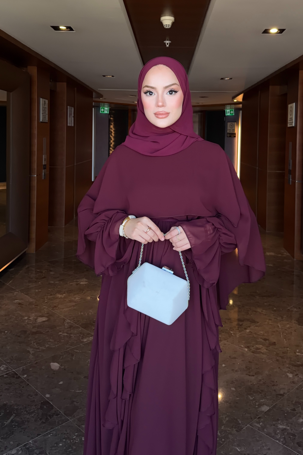 Flowy Chiffon Ruffle Maxi Dress with Belt & Cape Sleeves — Murdum