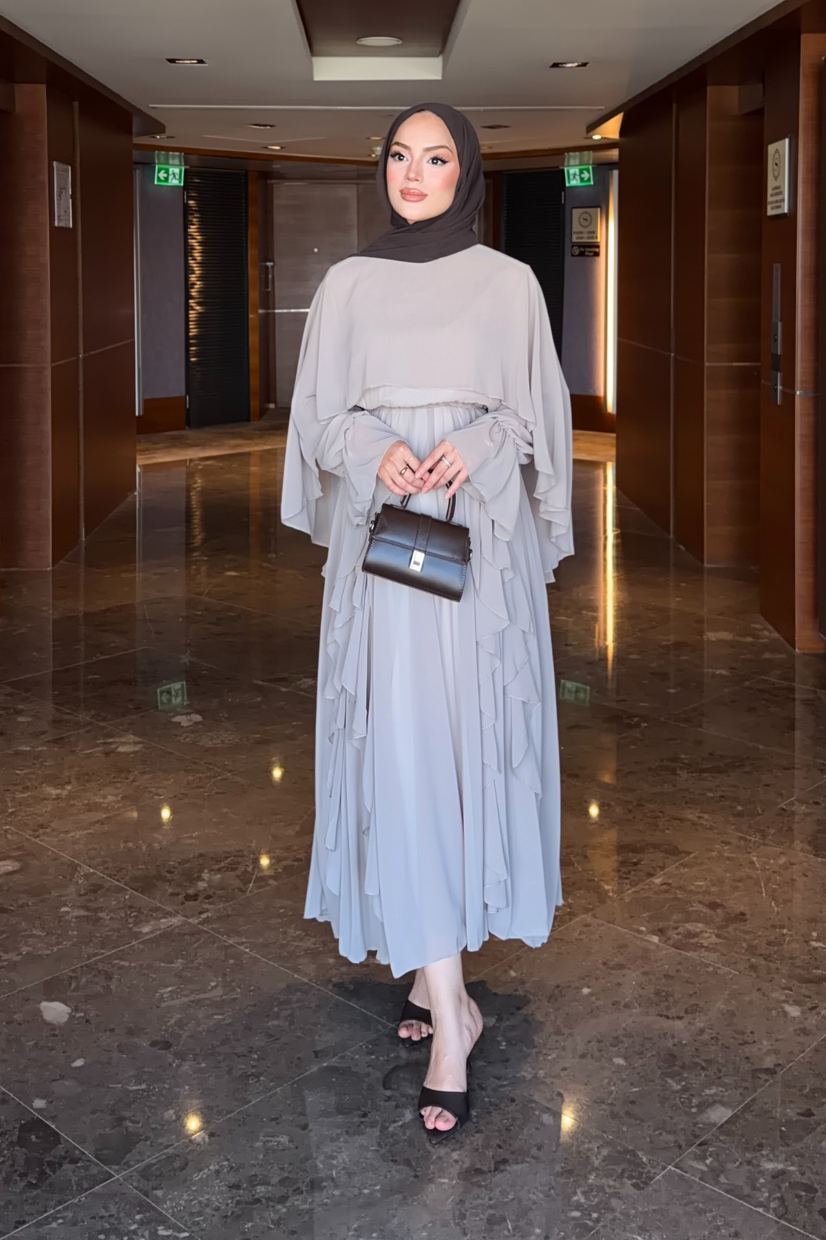 Flowy Chiffon Ruffle Maxi Dress with Belt & Cape Sleeves — Vizon