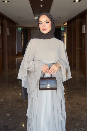 Flowy Chiffon Ruffle Maxi Dress with Belt & Cape Sleeves — Vizon