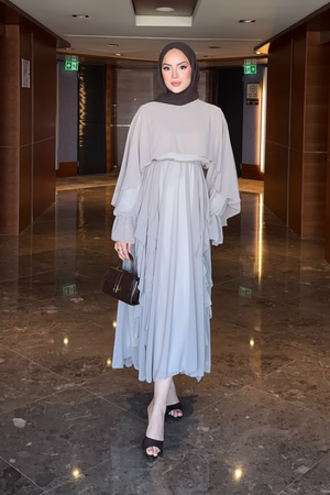 Flowy Chiffon Ruffle Maxi Dress with Belt & Cape Sleeves — Vizon