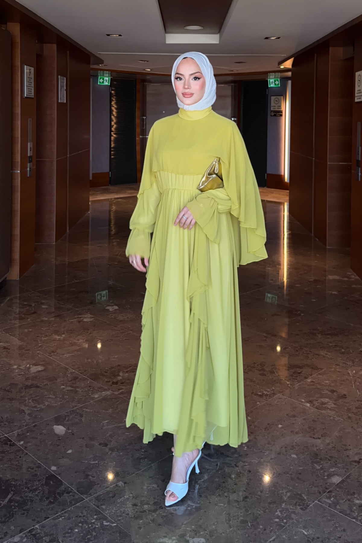 Flowy Chiffon Ruffle Maxi Dress with Belt & Cape Sleeves — Yag Yesili