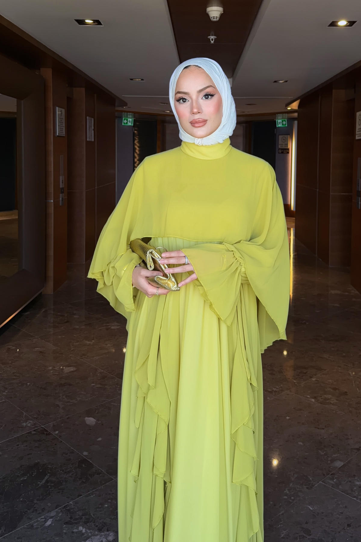 Flowy Chiffon Ruffle Maxi Dress with Belt & Cape Sleeves — Yag Yesili