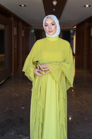 Flowy Chiffon Ruffle Maxi Dress with Belt & Cape Sleeves — Yag Yesili