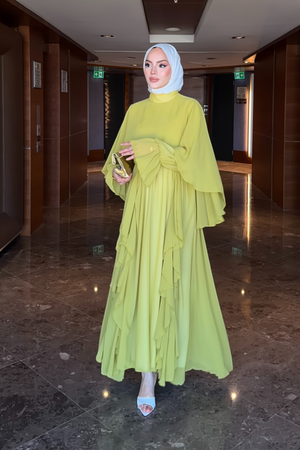 Flowy Chiffon Ruffle Maxi Dress with Belt & Cape Sleeves — Yag Yesili