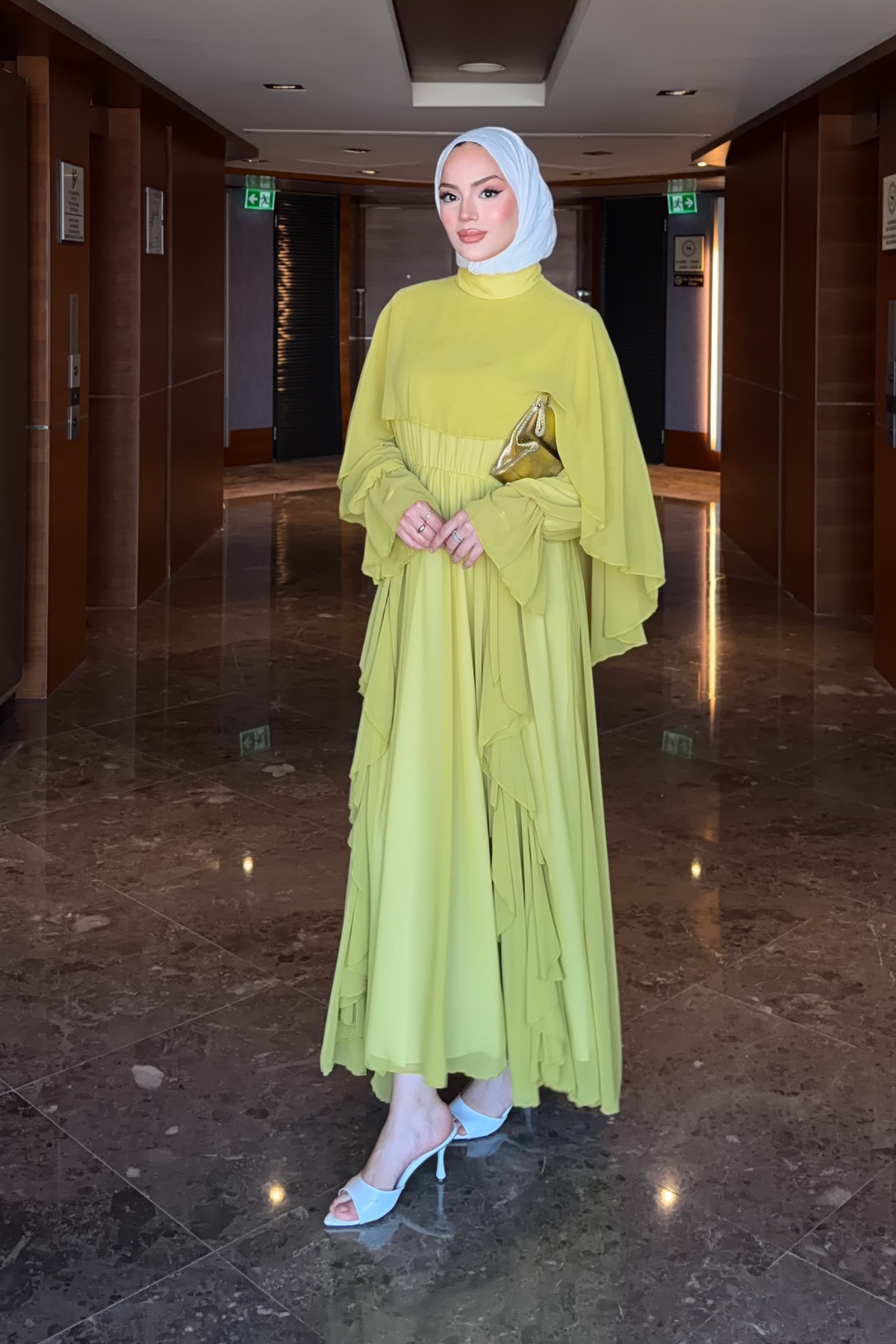 Flowy Chiffon Ruffle Maxi Dress with Belt & Cape Sleeves — Yag Yesili