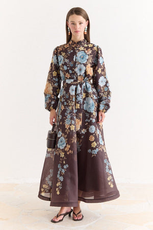 Pink Floral A-Line Maxi Dress with Stand Collar — Kahve