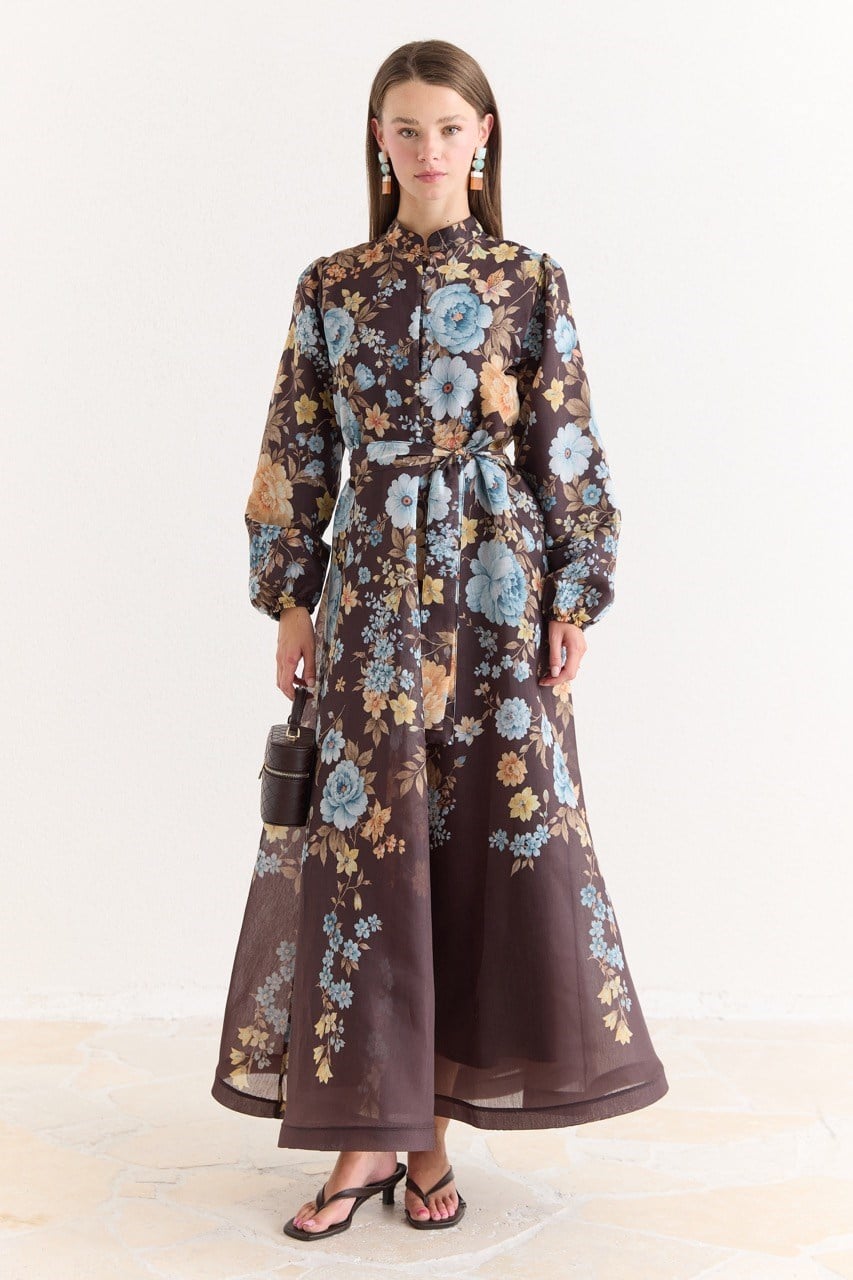 Pink Floral A-Line Maxi Dress with Stand Collar — Kahve
