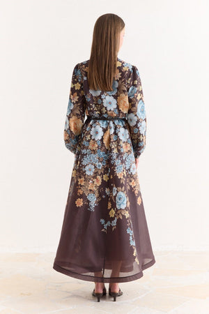 Pink Floral A-Line Maxi Dress with Stand Collar — Kahve