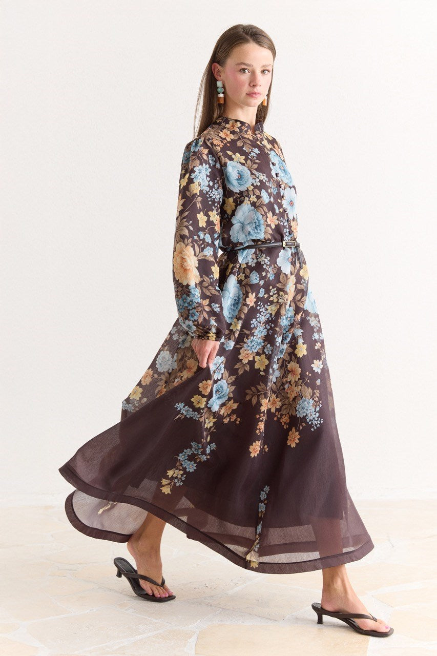 Pink Floral A-Line Maxi Dress with Stand Collar — Kahve