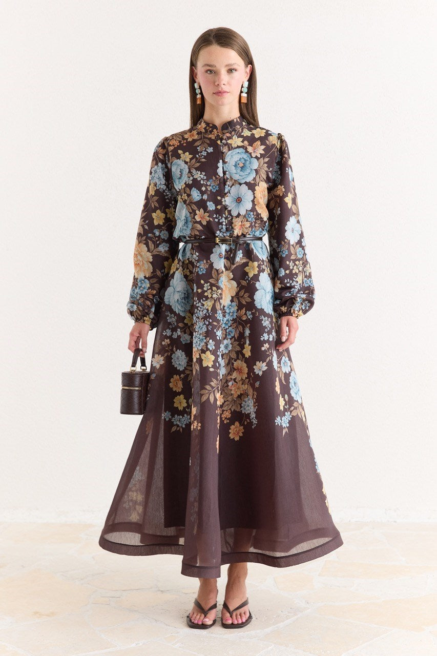 Pink Floral A-Line Maxi Dress with Stand Collar — Kahve