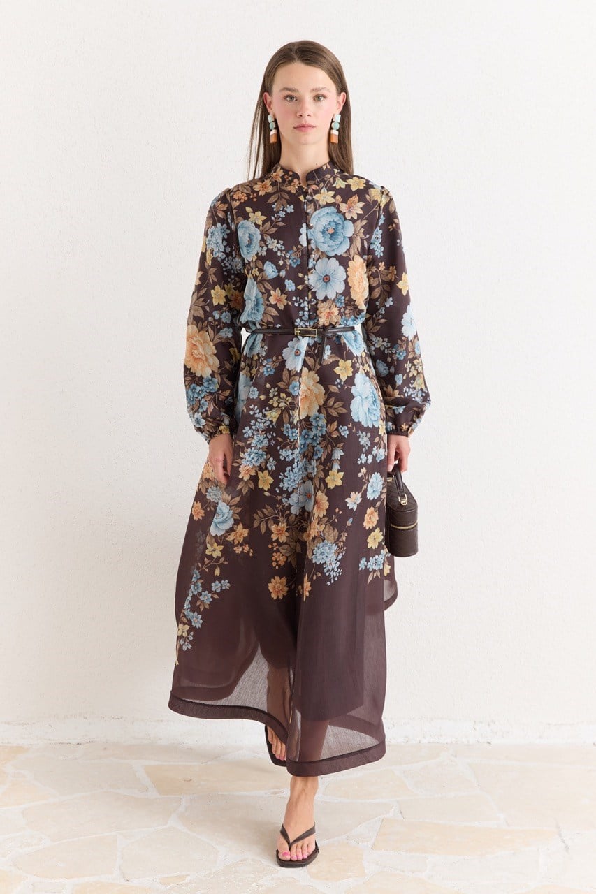 Pink Floral A-Line Maxi Dress with Stand Collar — Kahve
