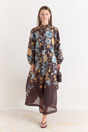 Pink Floral A-Line Maxi Dress with Stand Collar — Kahve
