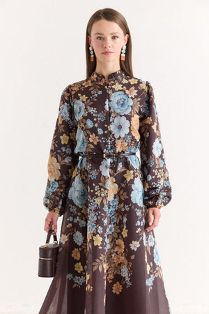 Pink Floral A-Line Maxi Dress with Stand Collar — Kahve