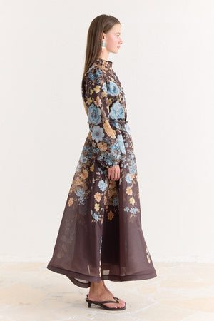 Pink Floral A-Line Maxi Dress with Stand Collar — Kahve