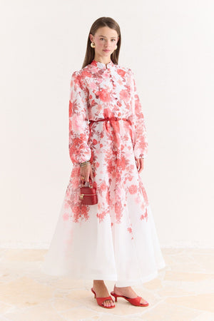 Pink Floral A-Line Maxi Dress with Stand Collar — Kırmızı