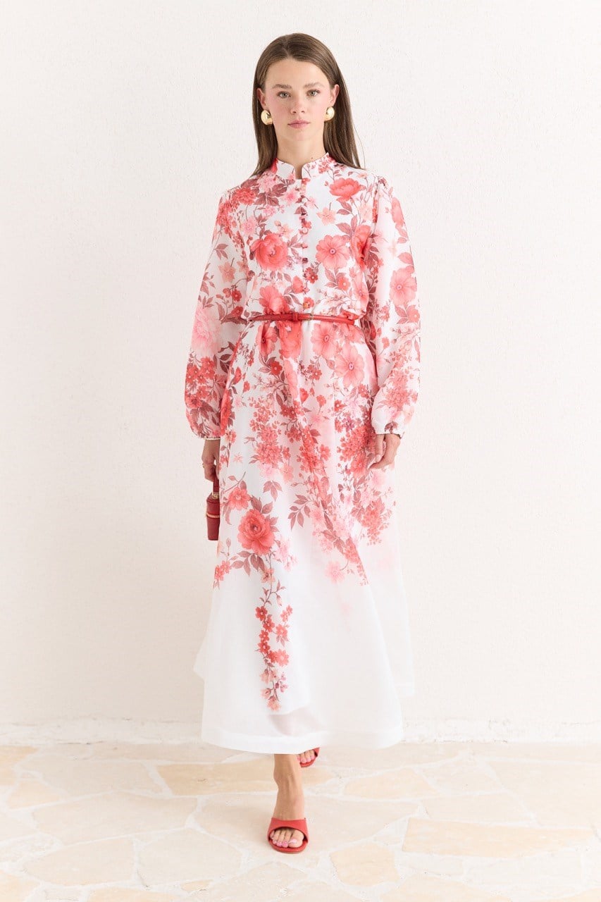 Pink Floral A-Line Maxi Dress with Stand Collar — Kırmızı