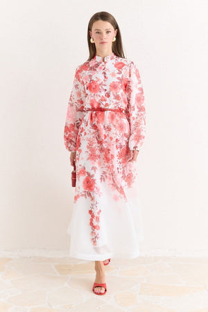 Pink Floral A-Line Maxi Dress with Stand Collar — Kırmızı