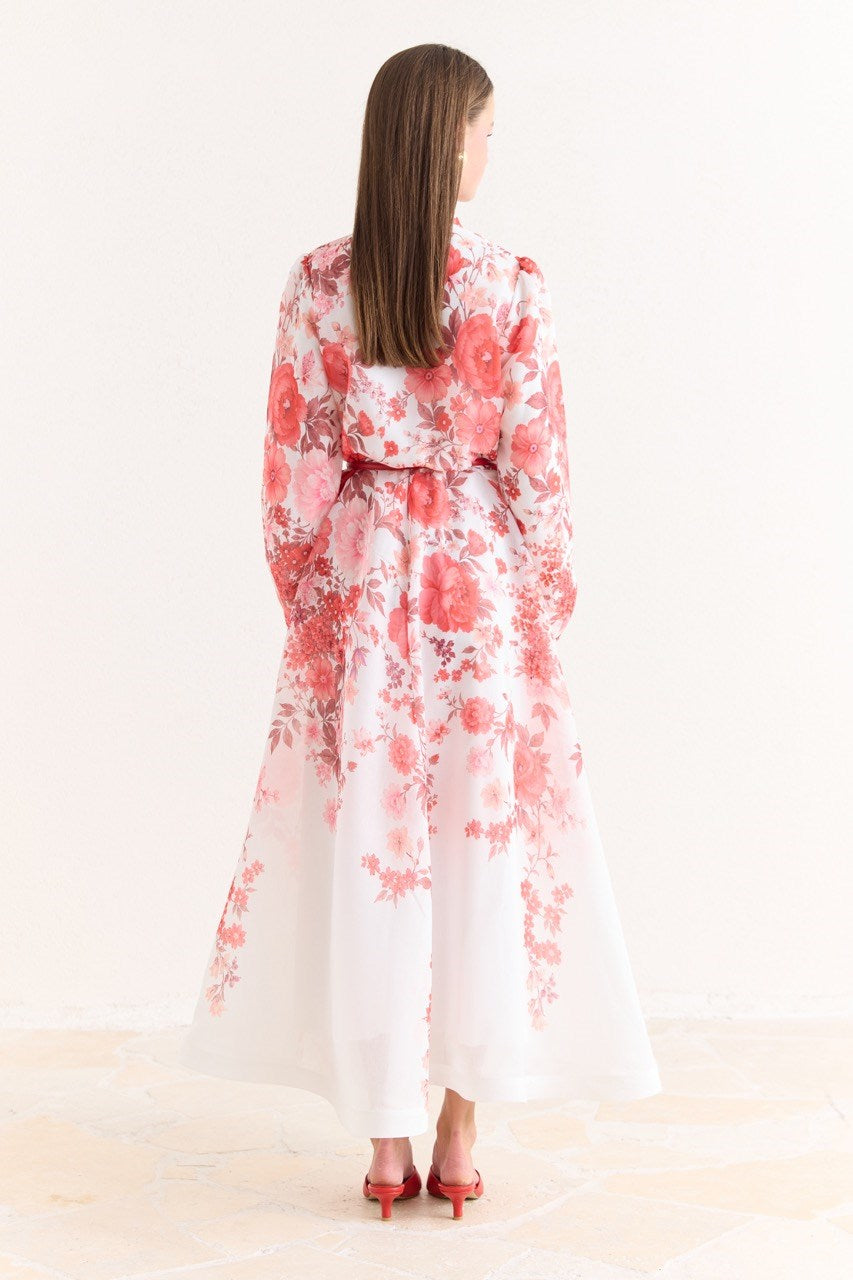 Pink Floral A-Line Maxi Dress with Stand Collar — Kırmızı