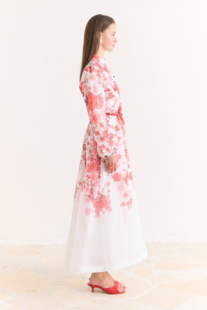 Pink Floral A-Line Maxi Dress with Stand Collar — Kırmızı