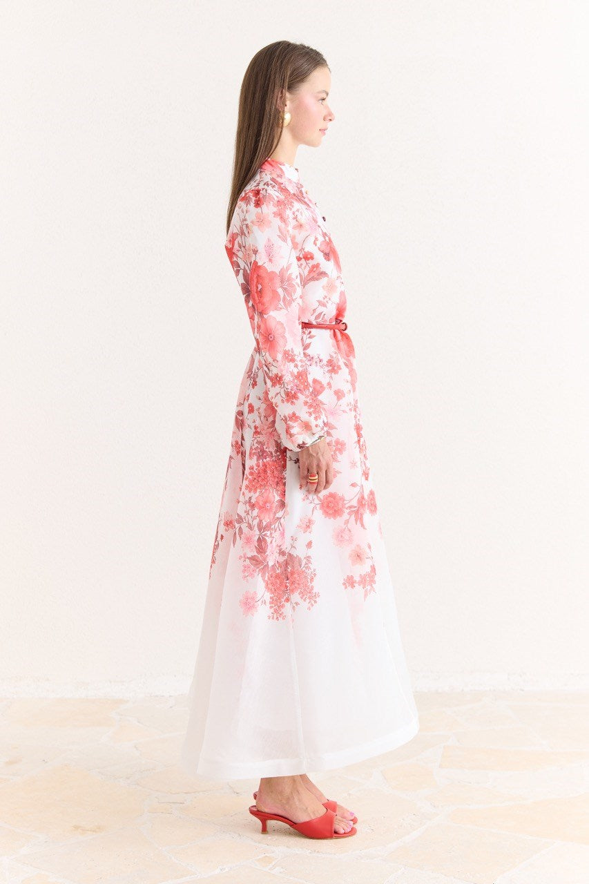 Pink Floral A-Line Maxi Dress with Stand Collar — Kırmızı