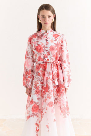 Pink Floral A-Line Maxi Dress with Stand Collar — Kırmızı