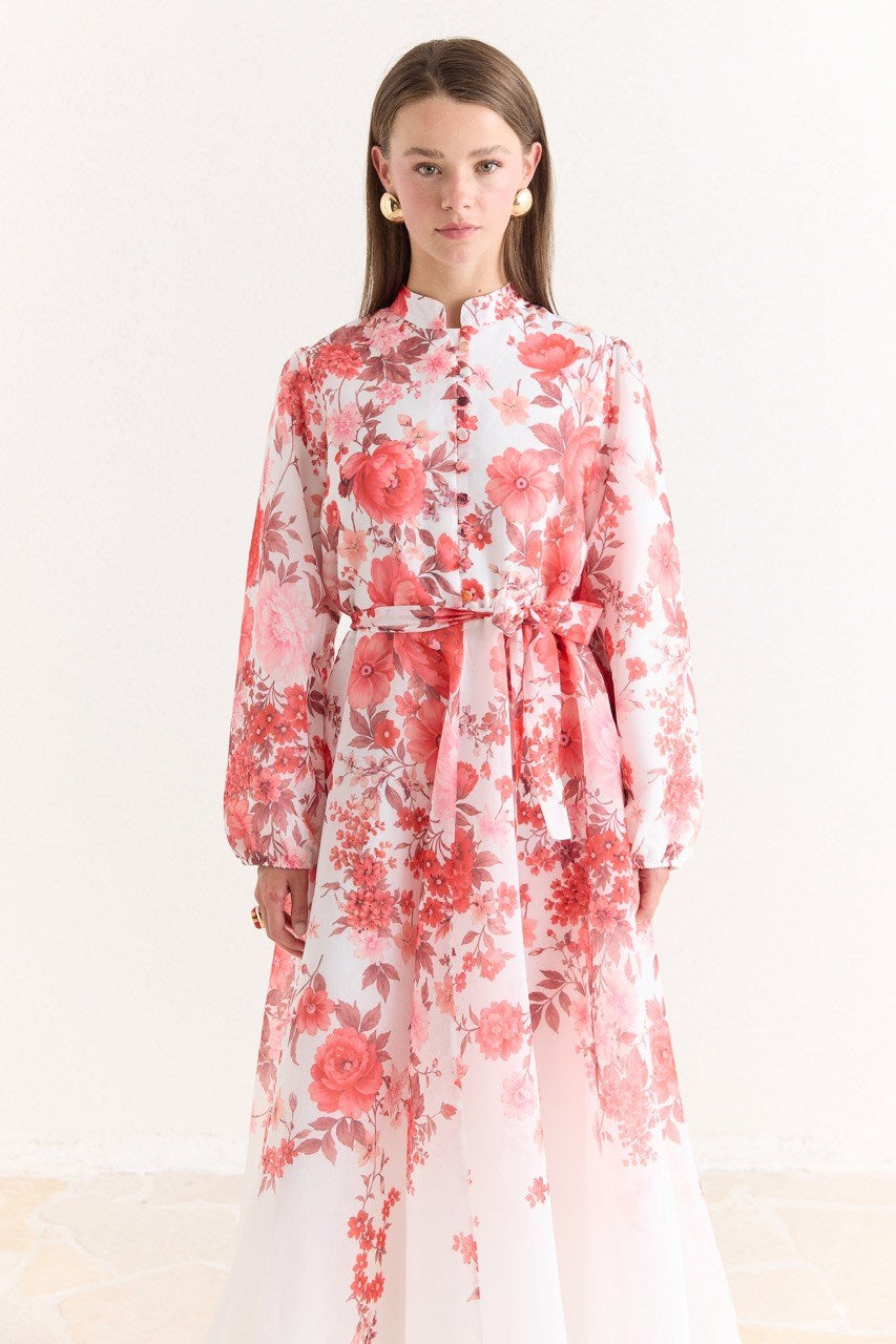 Pink Floral A-Line Maxi Dress with Stand Collar — Kırmızı