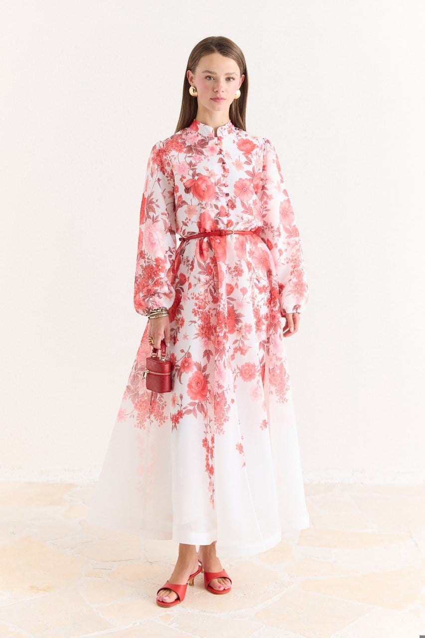 Pink Floral A-Line Maxi Dress with Stand Collar — Kırmızı