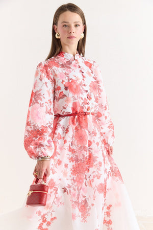 Pink Floral A-Line Maxi Dress with Stand Collar — Kırmızı