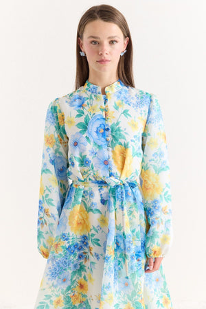 Pink Floral A-Line Maxi Dress with Stand Collar — Mavi