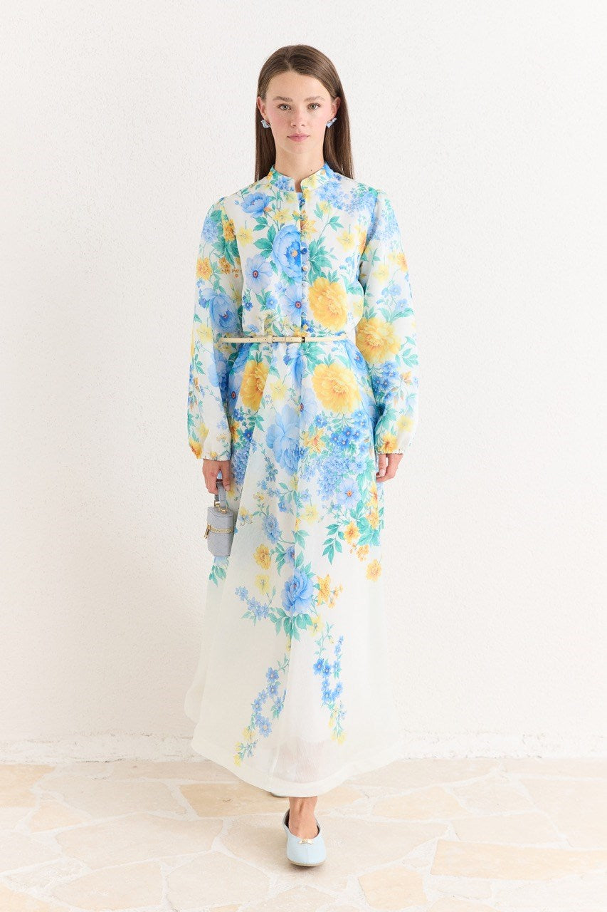 Pink Floral A-Line Maxi Dress with Stand Collar — Mavi
