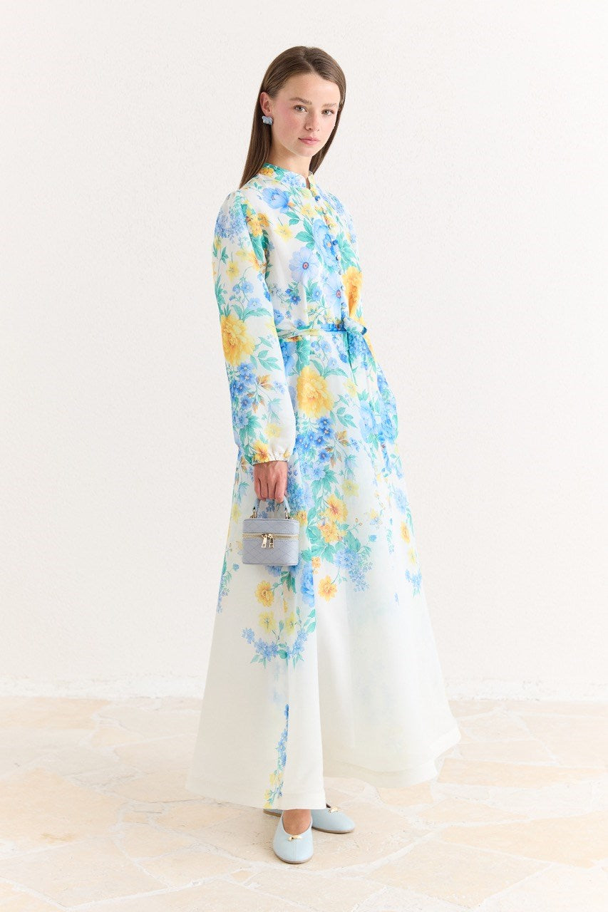 Pink Floral A-Line Maxi Dress with Stand Collar — Mavi