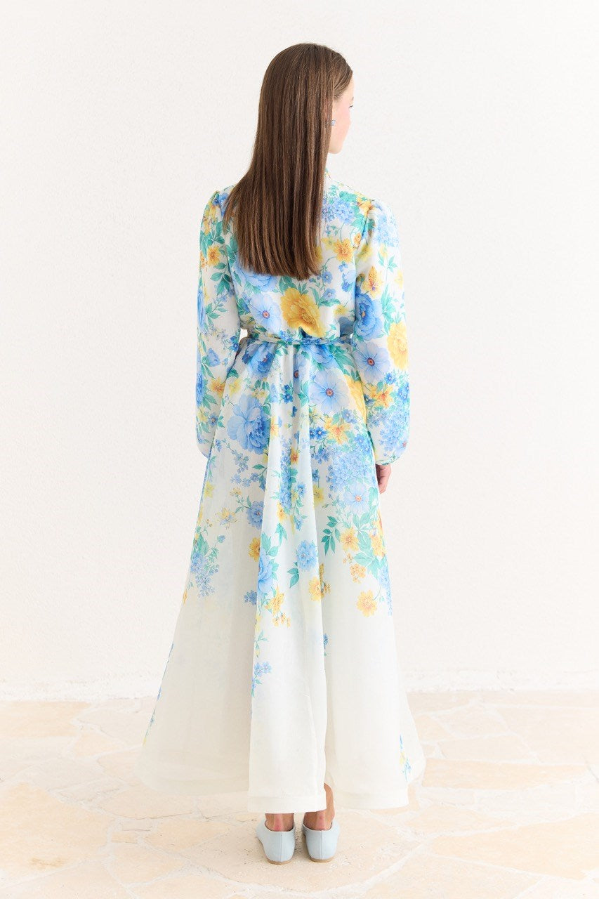 Pink Floral A-Line Maxi Dress with Stand Collar — Mavi