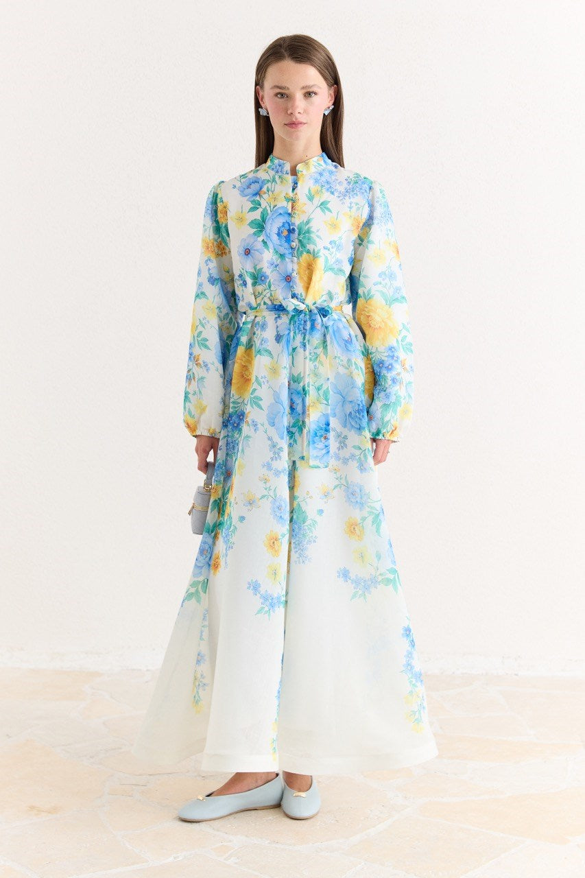 Pink Floral A-Line Maxi Dress with Stand Collar — Mavi