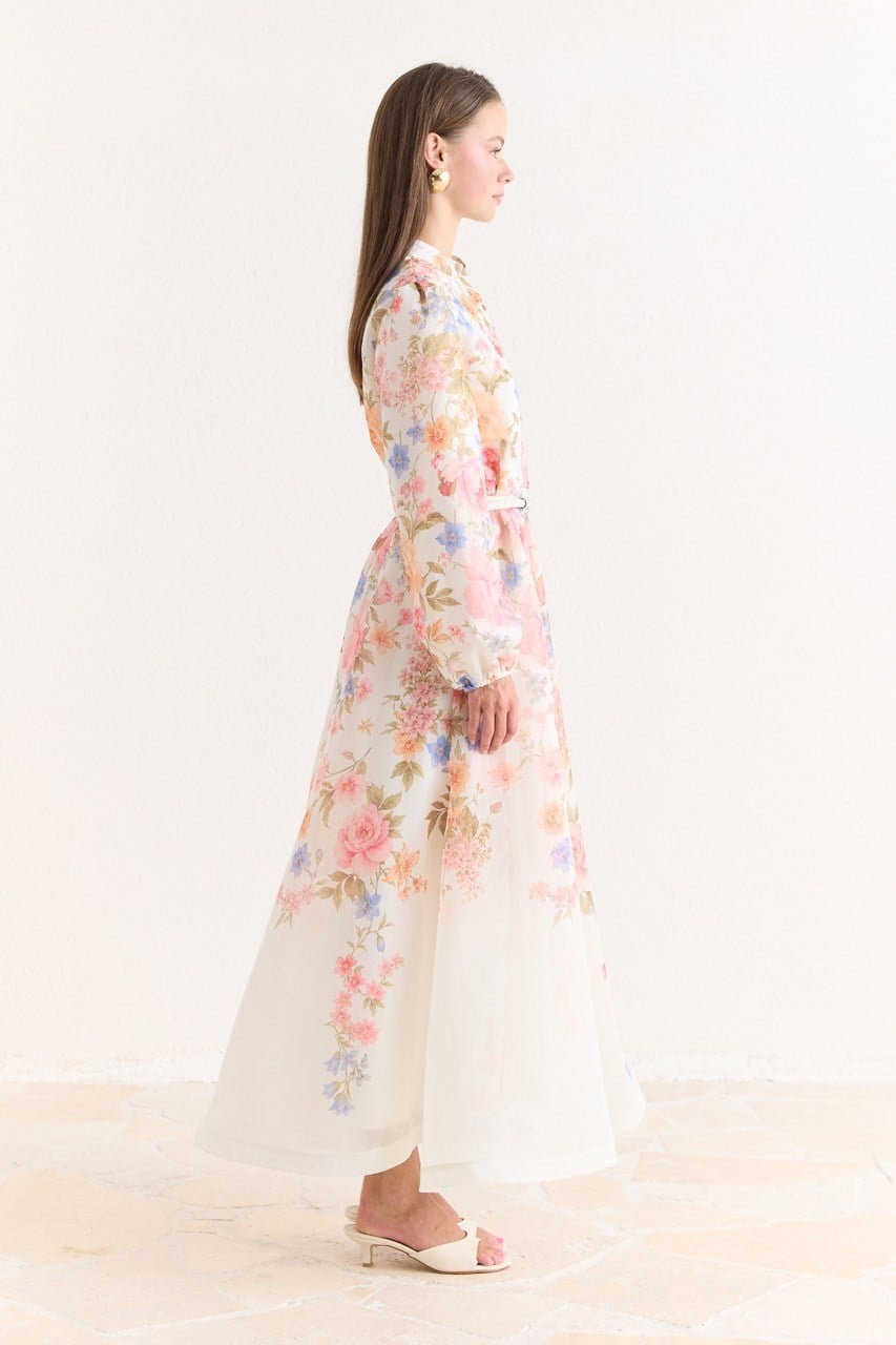 Pink Floral A-Line Maxi Dress with Stand Collar — Pembe