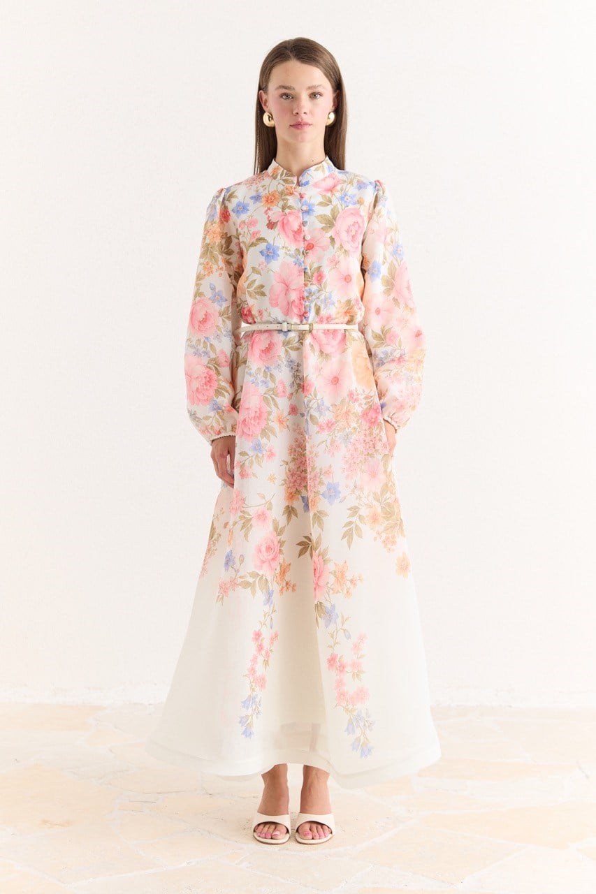 Pink Floral A-Line Maxi Dress with Stand Collar — Pembe