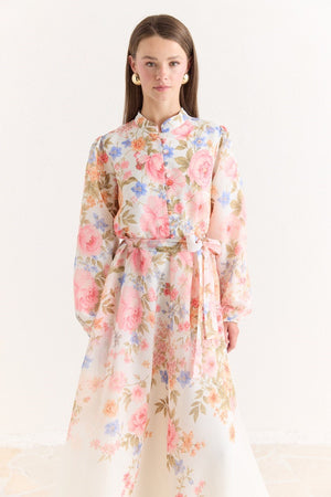 Pink Floral A-Line Maxi Dress with Stand Collar — Pembe