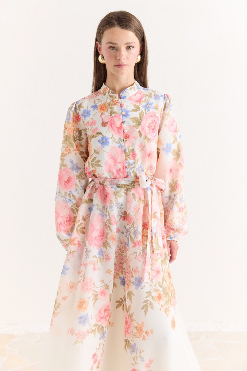Pink Floral A-Line Maxi Dress with Stand Collar — Pembe