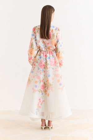 Pink Floral A-Line Maxi Dress with Stand Collar — Pembe