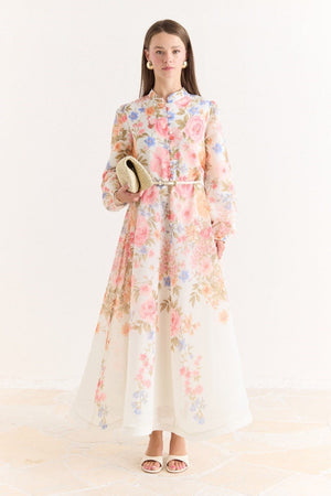 Pink Floral A-Line Maxi Dress with Stand Collar — Pembe