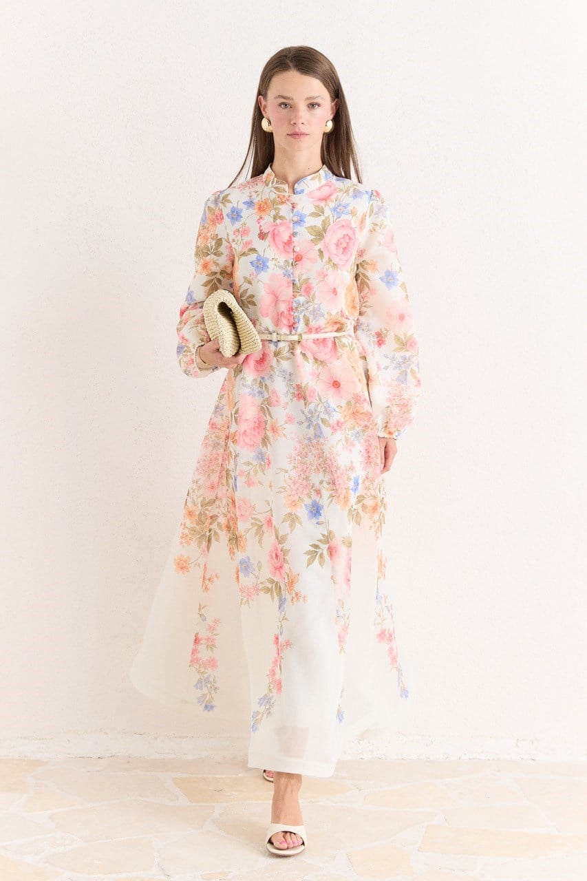 Pink Floral A-Line Maxi Dress with Stand Collar — Pembe