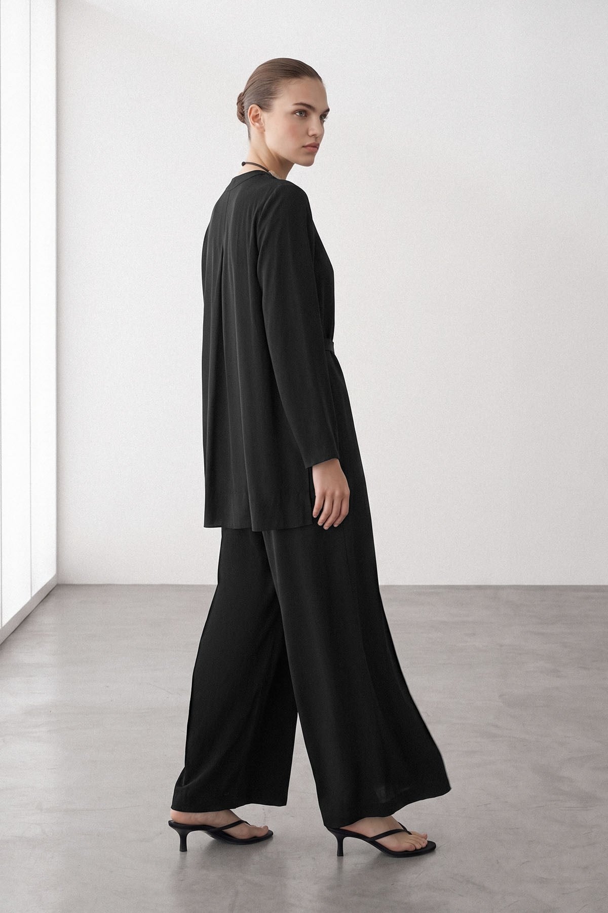 Black Modest Wide-Leg Jumpsuit with Tie Belt