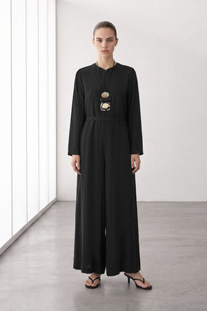Black Modest Wide-Leg Jumpsuit with Tie Belt