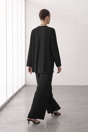 Black Modest Wide-Leg Jumpsuit with Tie Belt