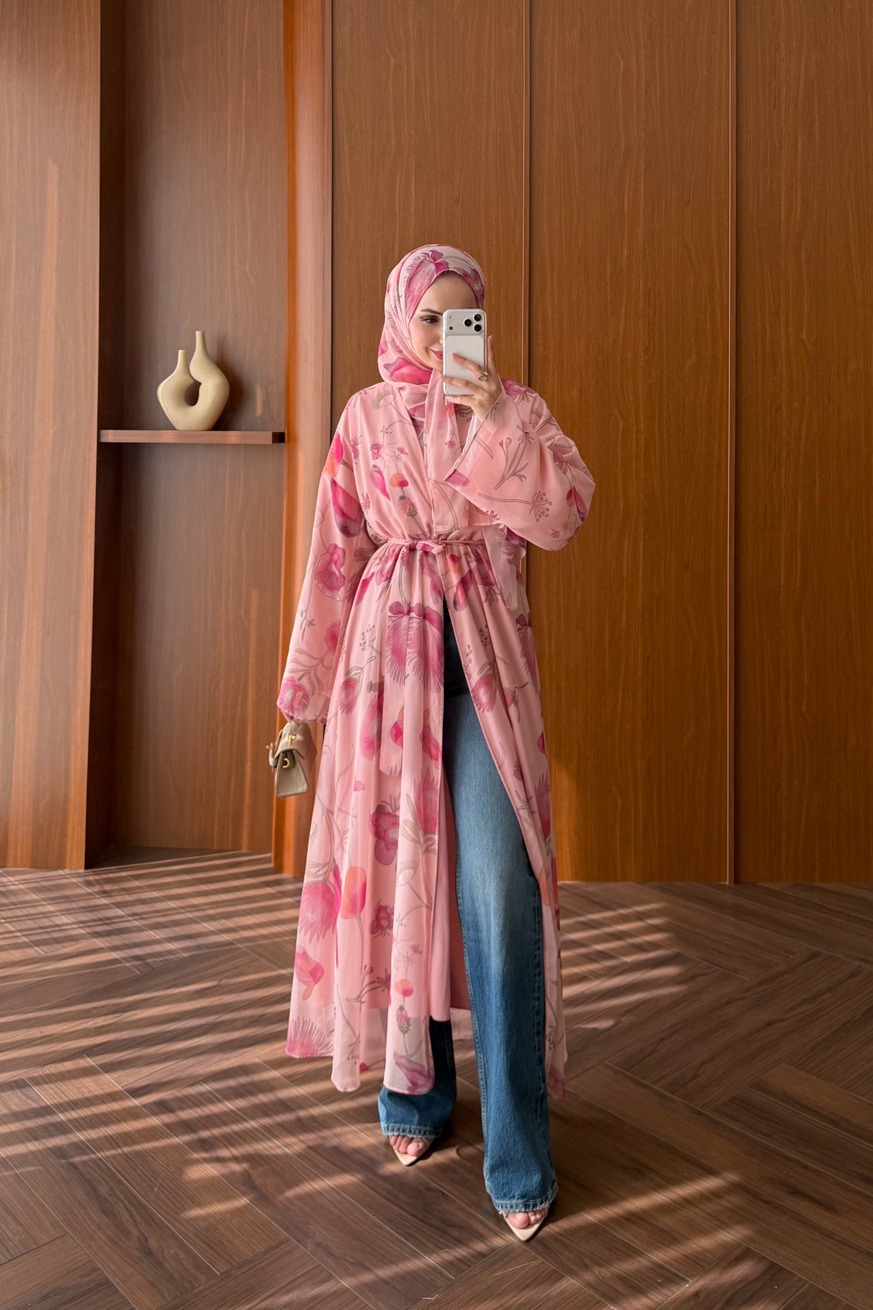 Lined Chiffon Abaya Set with Floral Pattern & Matching Shawl — PEMBE