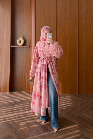 Lined Chiffon Abaya Set with Floral Pattern & Matching Shawl — PEMBE