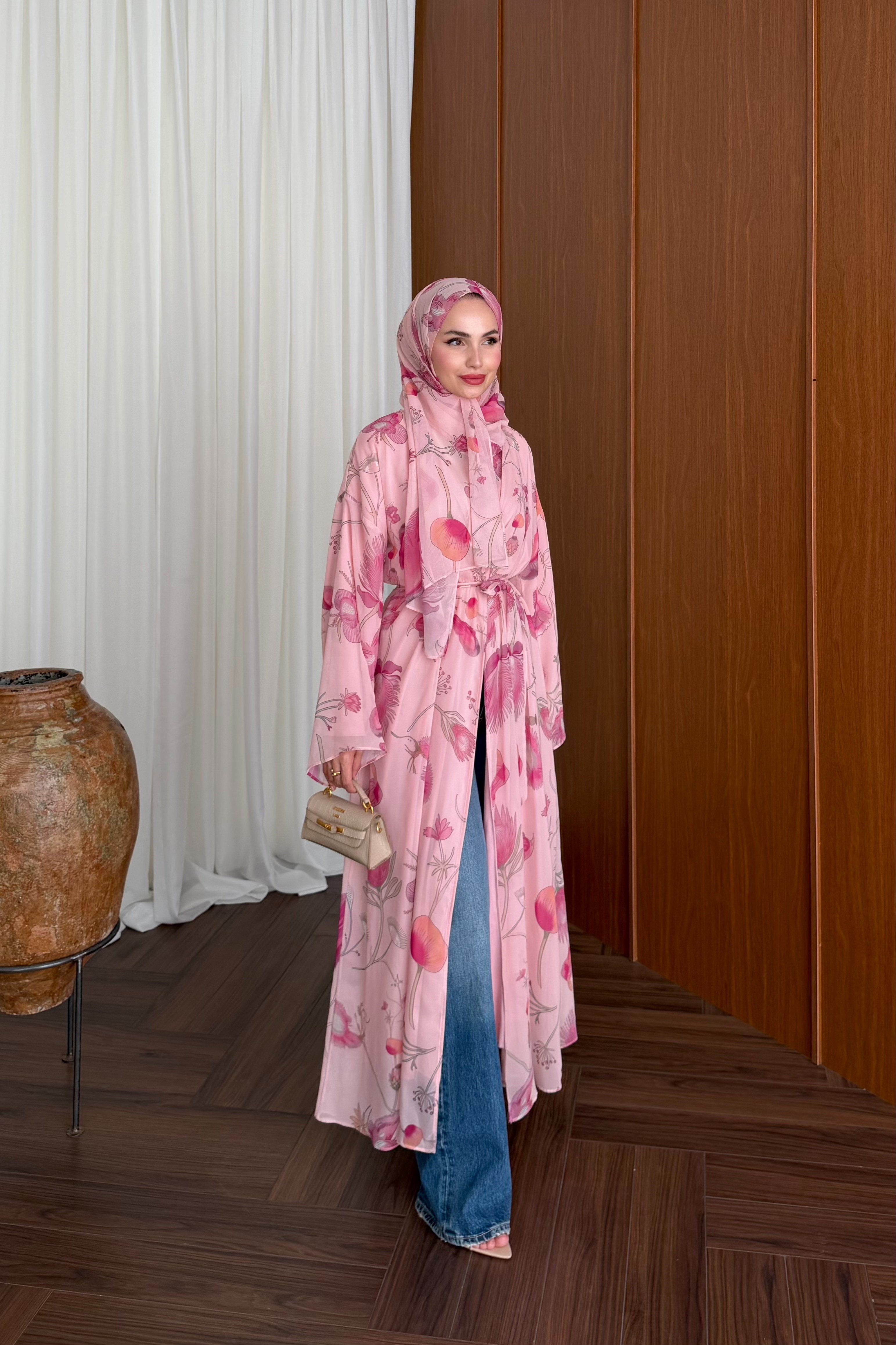 Lined Chiffon Abaya Set with Floral Pattern & Matching Shawl — PEMBE