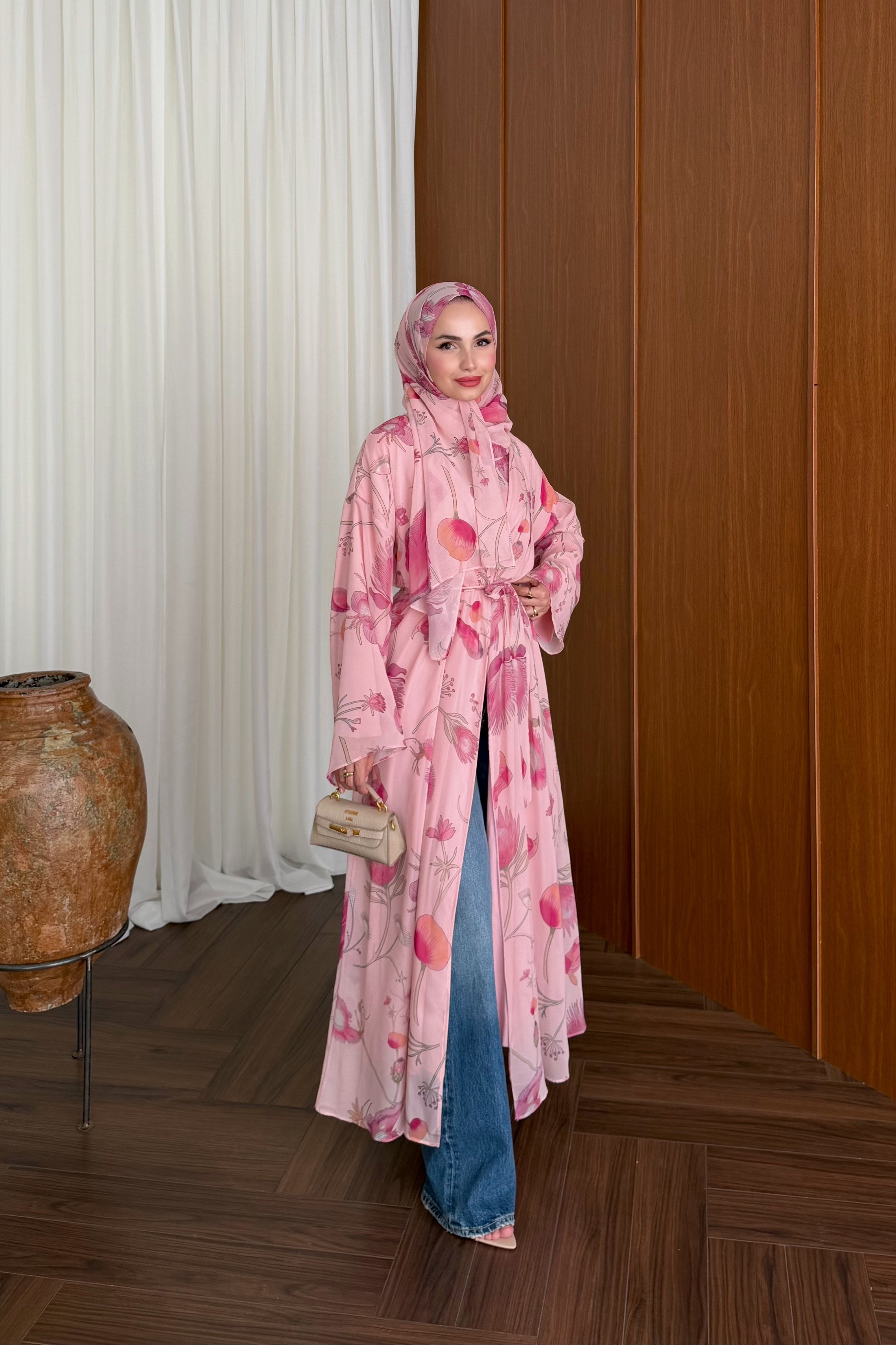 Lined Chiffon Abaya Set with Floral Pattern & Matching Shawl — PEMBE