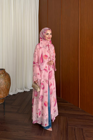 Lined Chiffon Abaya Set with Floral Pattern & Matching Shawl — PEMBE